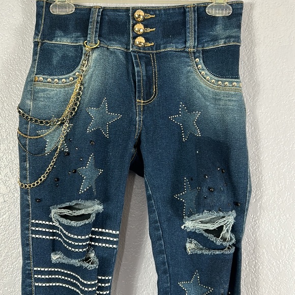 NYE Colombian made butt lifting star chain bling distressed jeans sz US 3 - Picture 2 of 13